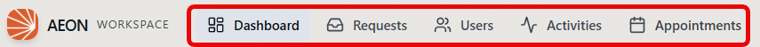 The Aeon top navigation bar with the primary area links — Dashboard, Requests, Users, Activities, and Appointments — outlined.