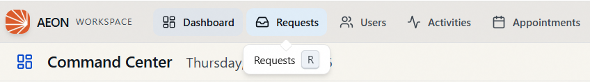 The Aeon 7 workspace top navigation bar with the Requests button hovered, its tooltip showing the single-key shortcut R.