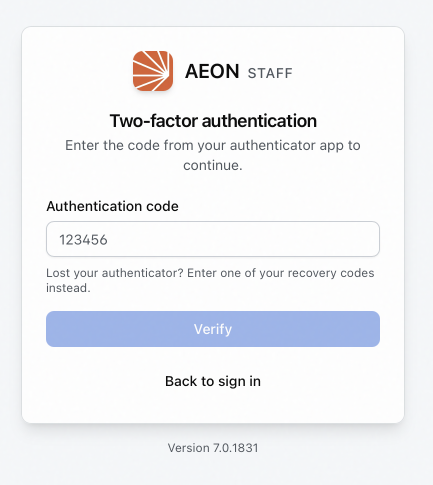 Aeon 7 Two-factor authentication screen with the Authentication code field, the recovery code reminder, and the Verify button