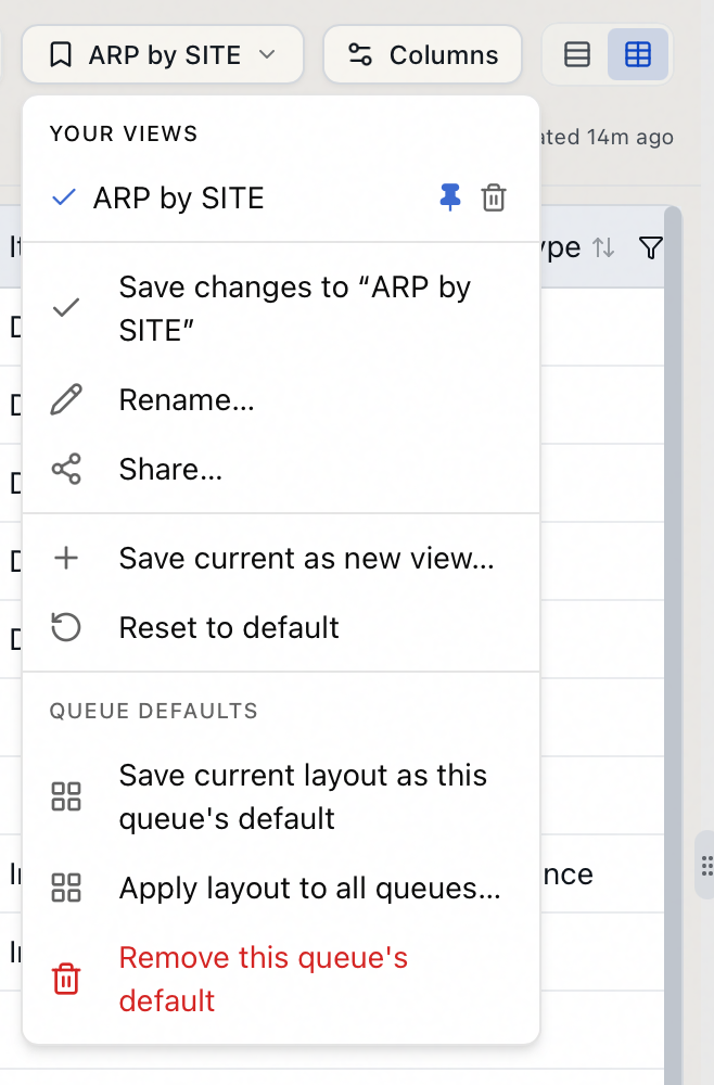 The Views menu for a saved view, with options to save changes, rename, share, save as a new view, reset to default, and the queue default-layout actions