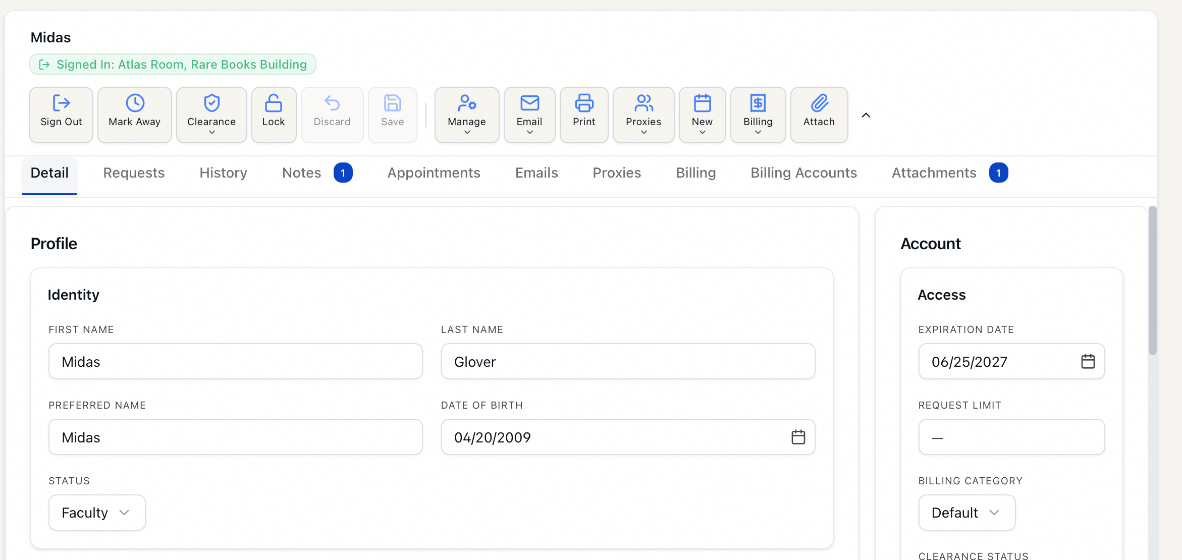 User record toolbar after sign-in showing the Sign Out and Mark Away buttons and the Signed In status badge naming the reading room
