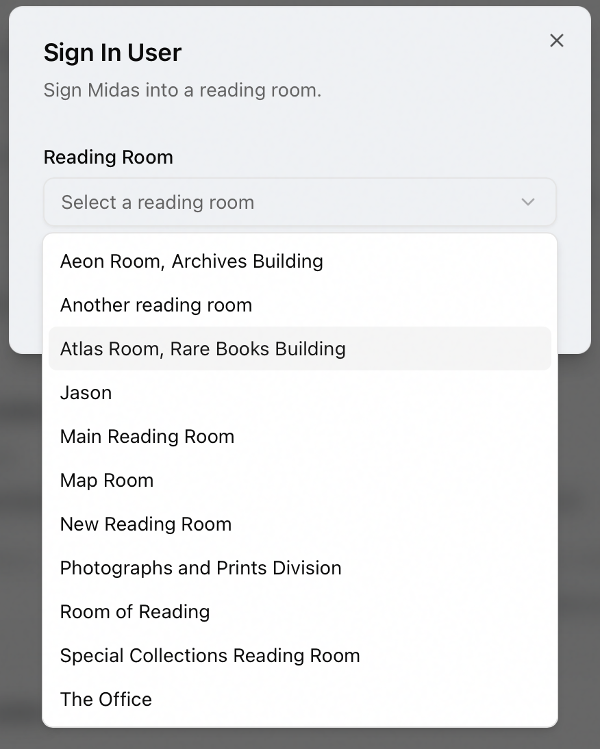 The Sign In User dialog with the Reading Room dropdown open, showing the Select a reading room placeholder and the list of reading rooms