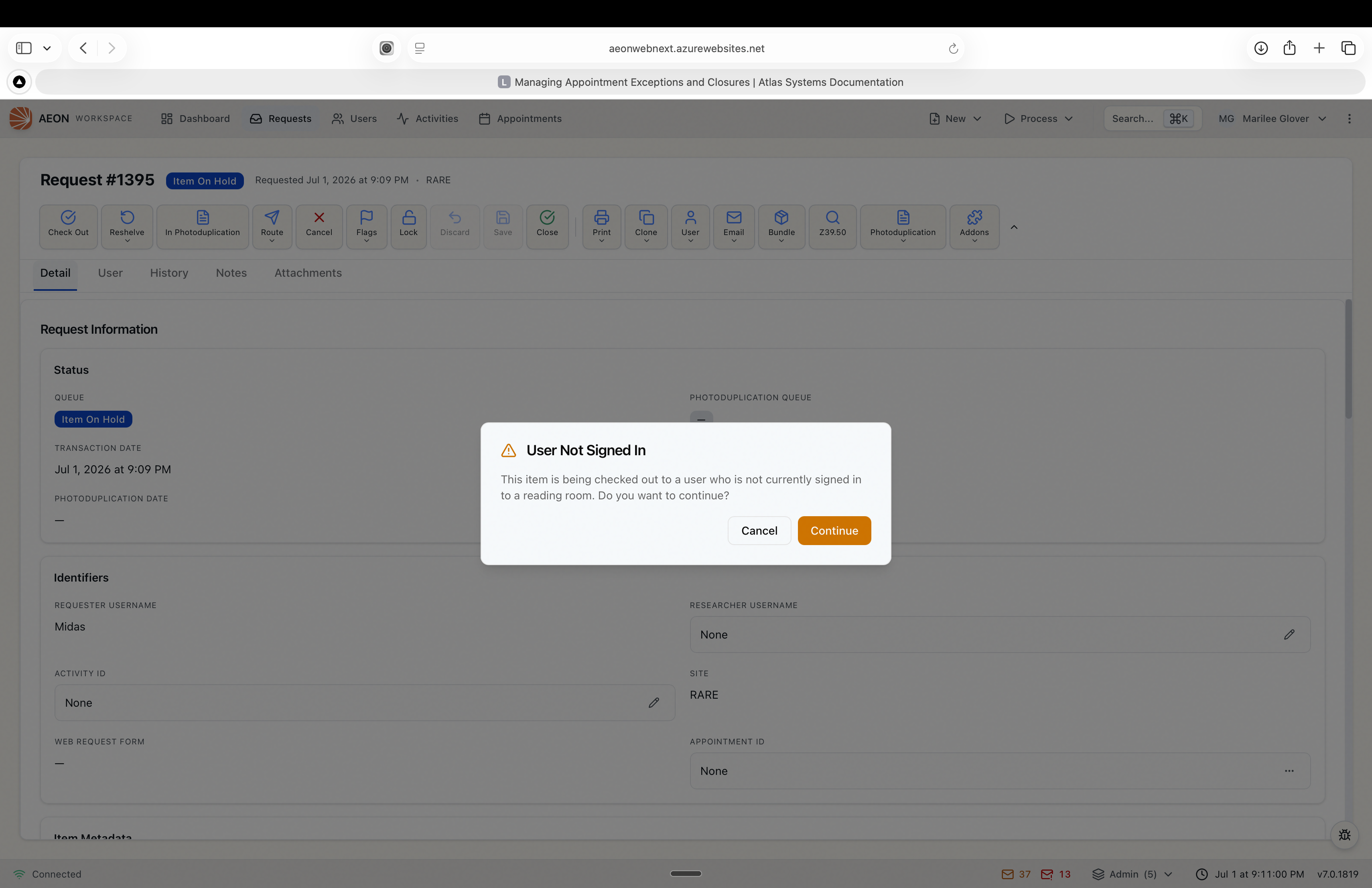 The User Not Signed In dialog shown when checking an item out to a researcher who is not currently signed in to a reading room, with Cancel and Continue buttons