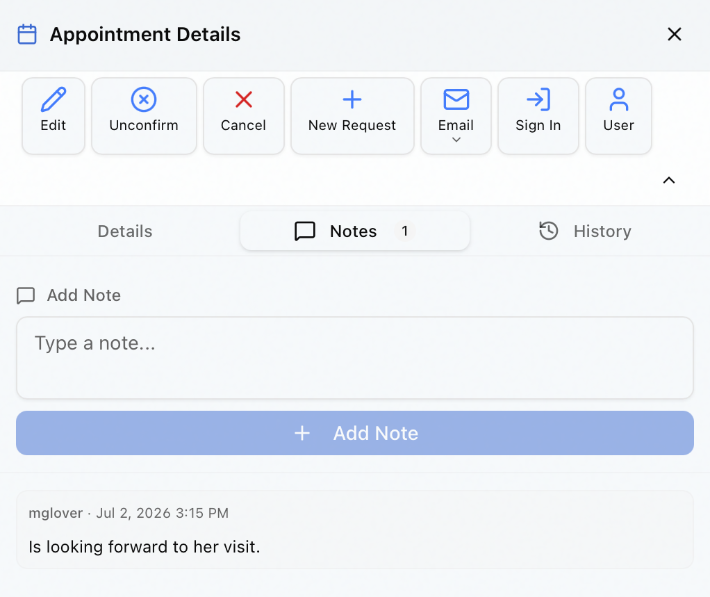 The Notes tab of the Appointment Details panel, showing the Add Note box and a saved note stamped with the author and date