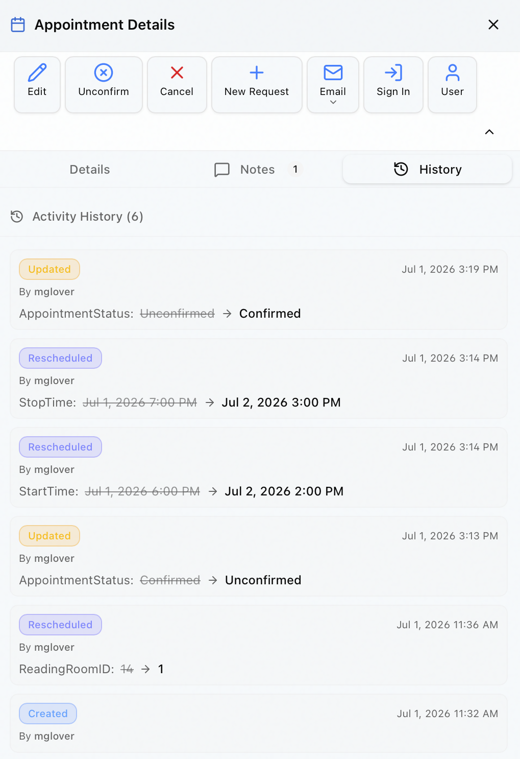 The History tab of the Appointment Details panel, showing Activity History entries with Created, Updated, and Rescheduled badges and field changes with the old value struck through and the new value beside it