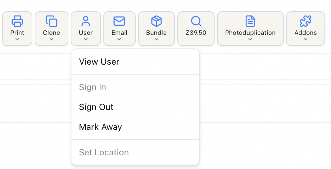 The request toolbar's User menu open, showing View User, Sign In, Sign Out, Mark Away, and Set Location, with items disabled according to the requester's reading-room status