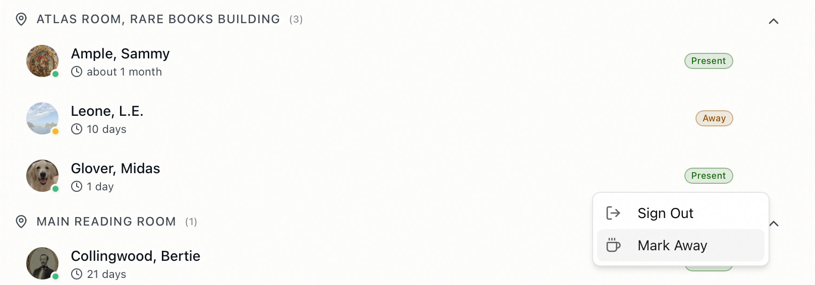 The Signed In Users dashboard panel with a researcher row's actions menu open, showing Sign Out and Mark Away