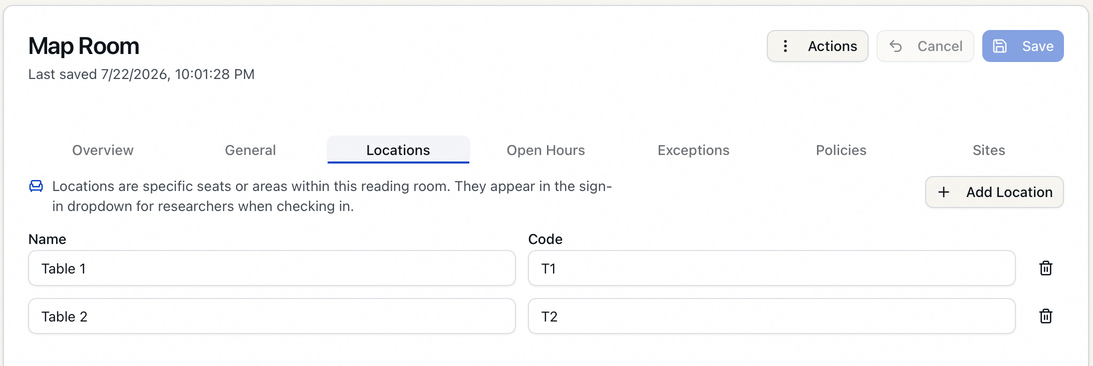 The Locations tab showing two rows where Code differs from Name — Table 1 / T1 and Table 2 / T2 — with an Add Location button and a trash icon to remove each row