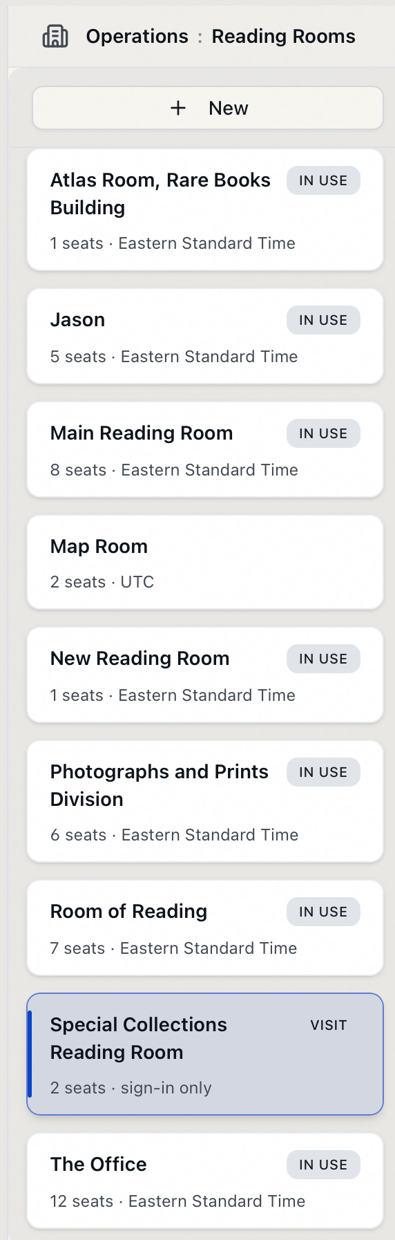 The Reading Rooms list showing Special Collections Reading Room with a Visit badge and "sign-in only," among appointment rooms that show seat counts and time zones