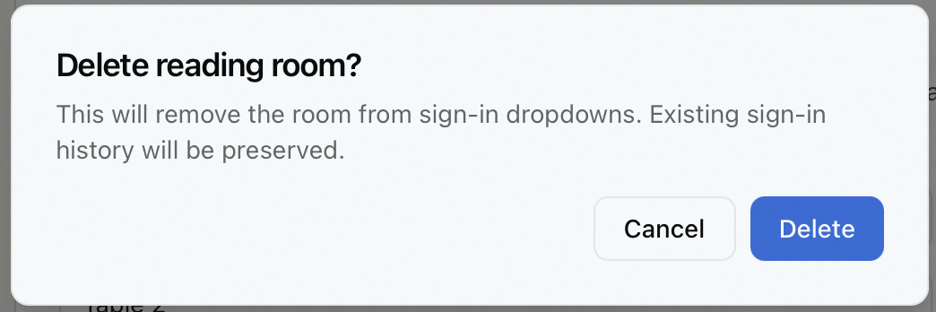 The Delete reading room? confirmation for a visit room, reading "This will remove the room from sign-in dropdowns. Existing sign-in history will be preserved." with Cancel and Delete buttons
