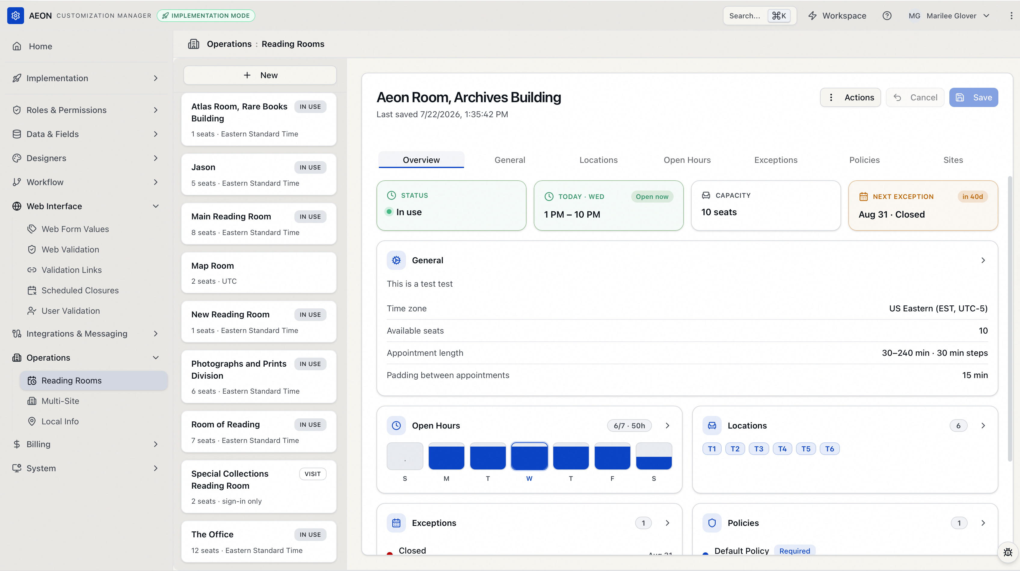 The Reading Rooms split view — the room list with In use and Visit badges on the left, and the Overview tab open on the right with stat tiles and section summary cards
