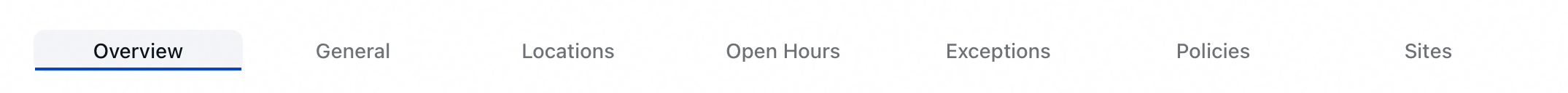 The reading room editor's seven tabs — Overview, General, Locations, Open Hours, Exceptions, Policies, and Sites