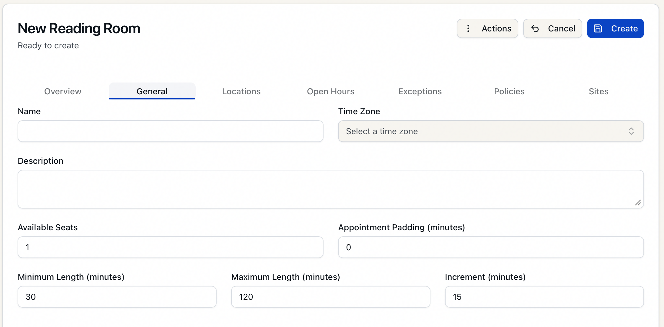 The General tab, with Name, Time Zone, Description, Available Seats, Appointment Padding, and the Minimum Length, Maximum Length, and Increment fields