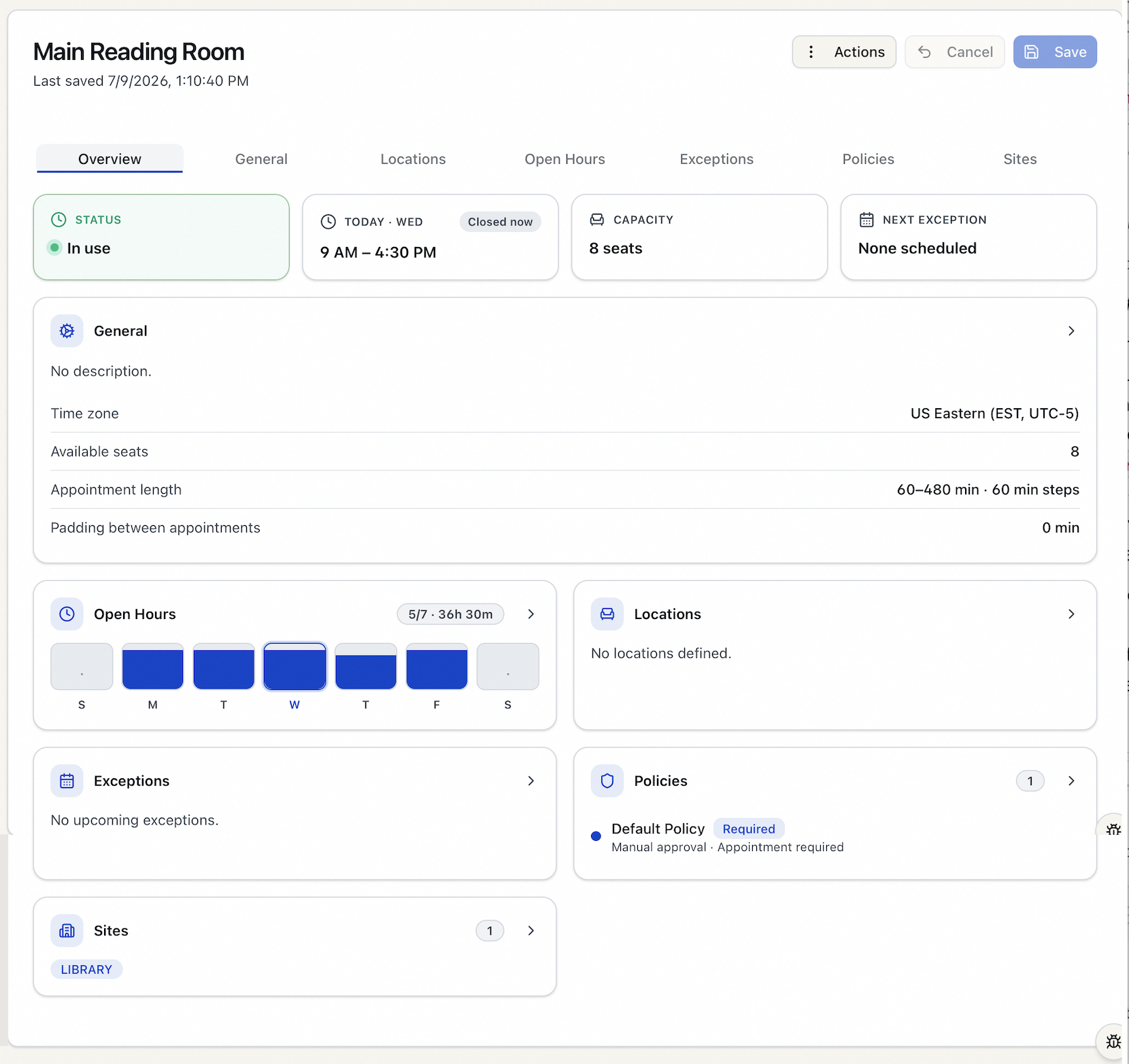 The Overview tab's stat tiles — Status, Today, Capacity, and Next exception — above summary cards for each section