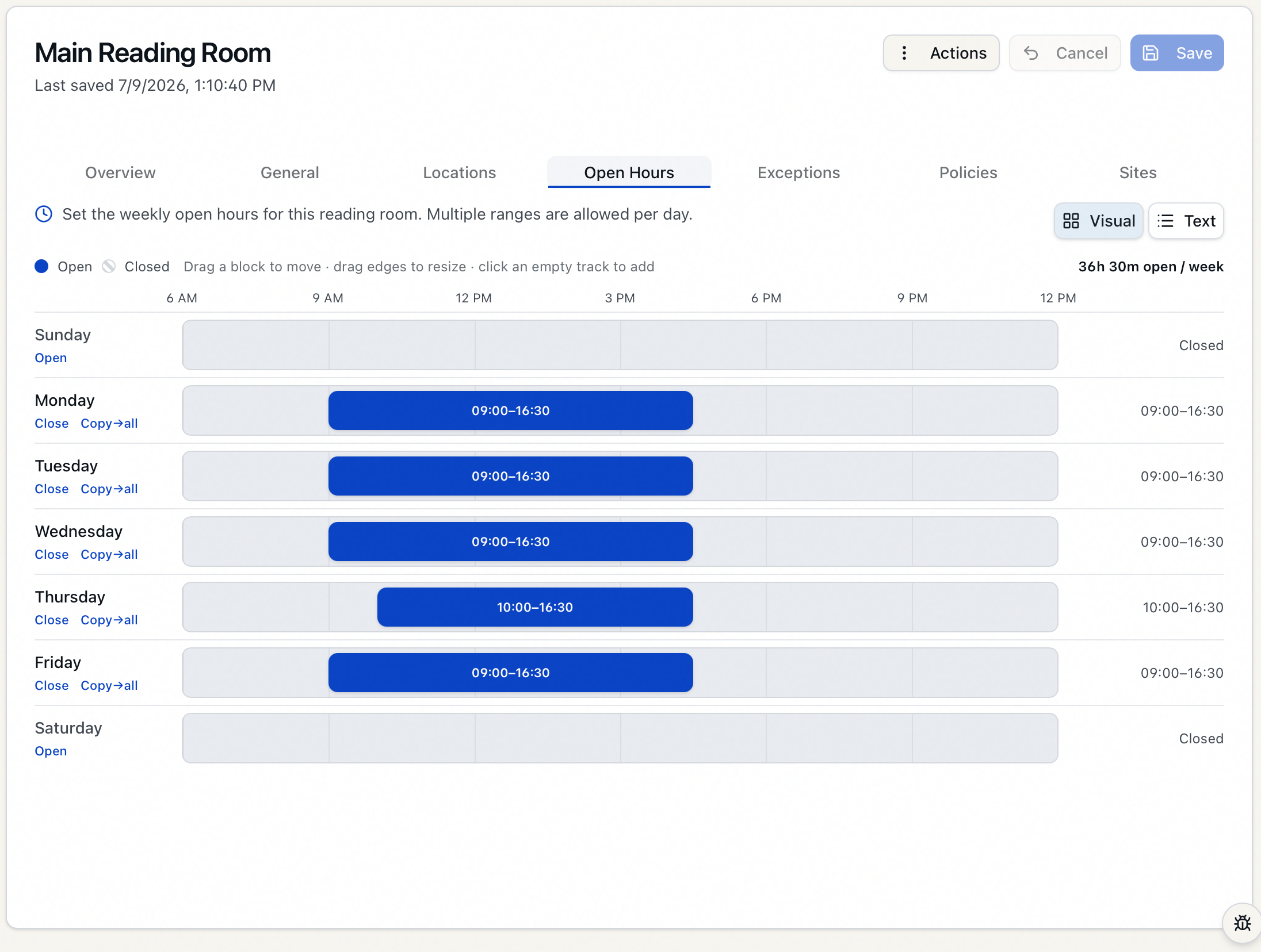 The Open Hours tab's visual editor for Main Reading Room: a weekly drag timeline from 6 a.m. to midnight, with Monday–Friday blocks (09:00–16:30, Thursday 10:00–16:30) and Sunday and Saturday Closed, the Visual/Text toggle, per-day Close and Copy→all controls, and a "36h 30m open / week" total