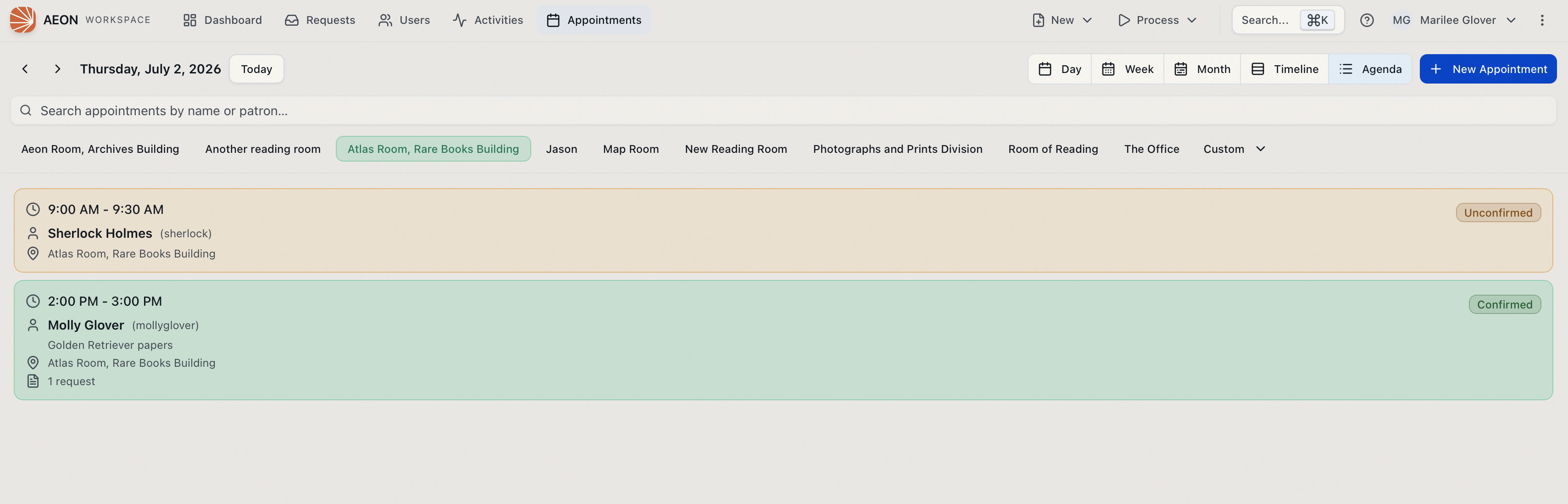 The appointment calendar in Agenda view — a single day's appointments as cards showing time, researcher, appointment name, reading room, and an Unconfirmed or Confirmed status badge
