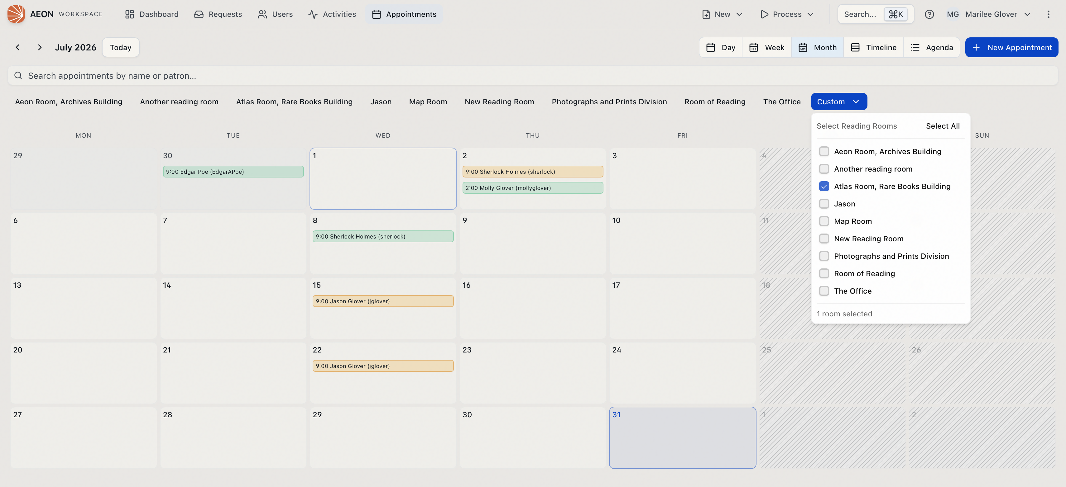 The appointment calendar in Month view with the Custom reading-room selector open — a Select Reading Rooms checklist with Select All and per-room checkboxes — and weekend days shown with the gray closed-day hatch