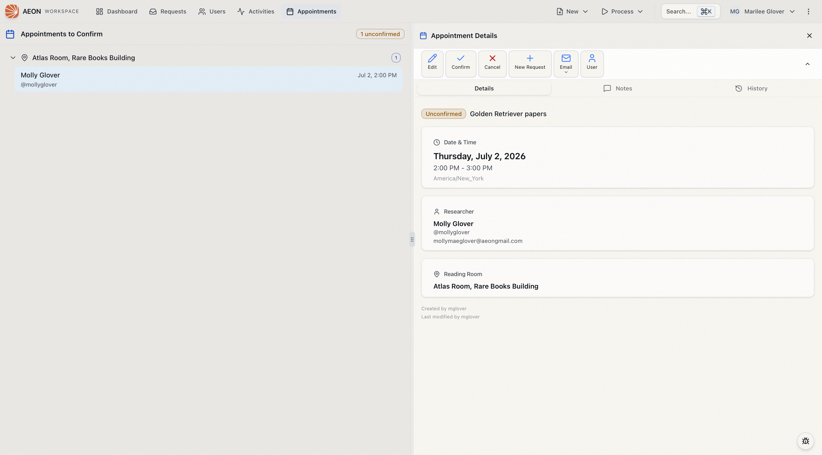 The Appointments to Confirm split view: unconfirmed appointments grouped by reading room on the left and the selected appointment's Details panel on the right