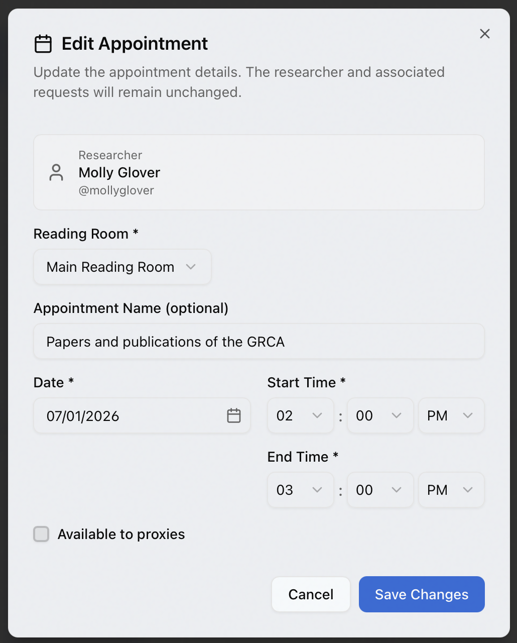 The Edit Appointment dialog with the current reading room, appointment name, date, and start and end times filled in