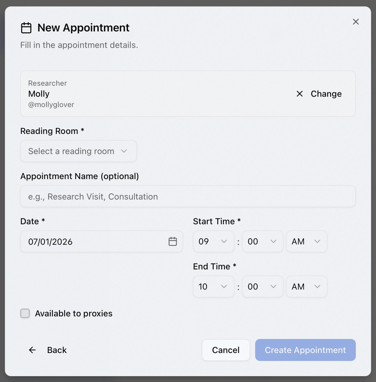 The New Appointment dialog's appointment form with the researcher selected and the Reading Room, Date, Start Time, End Time, and Available to proxies fields