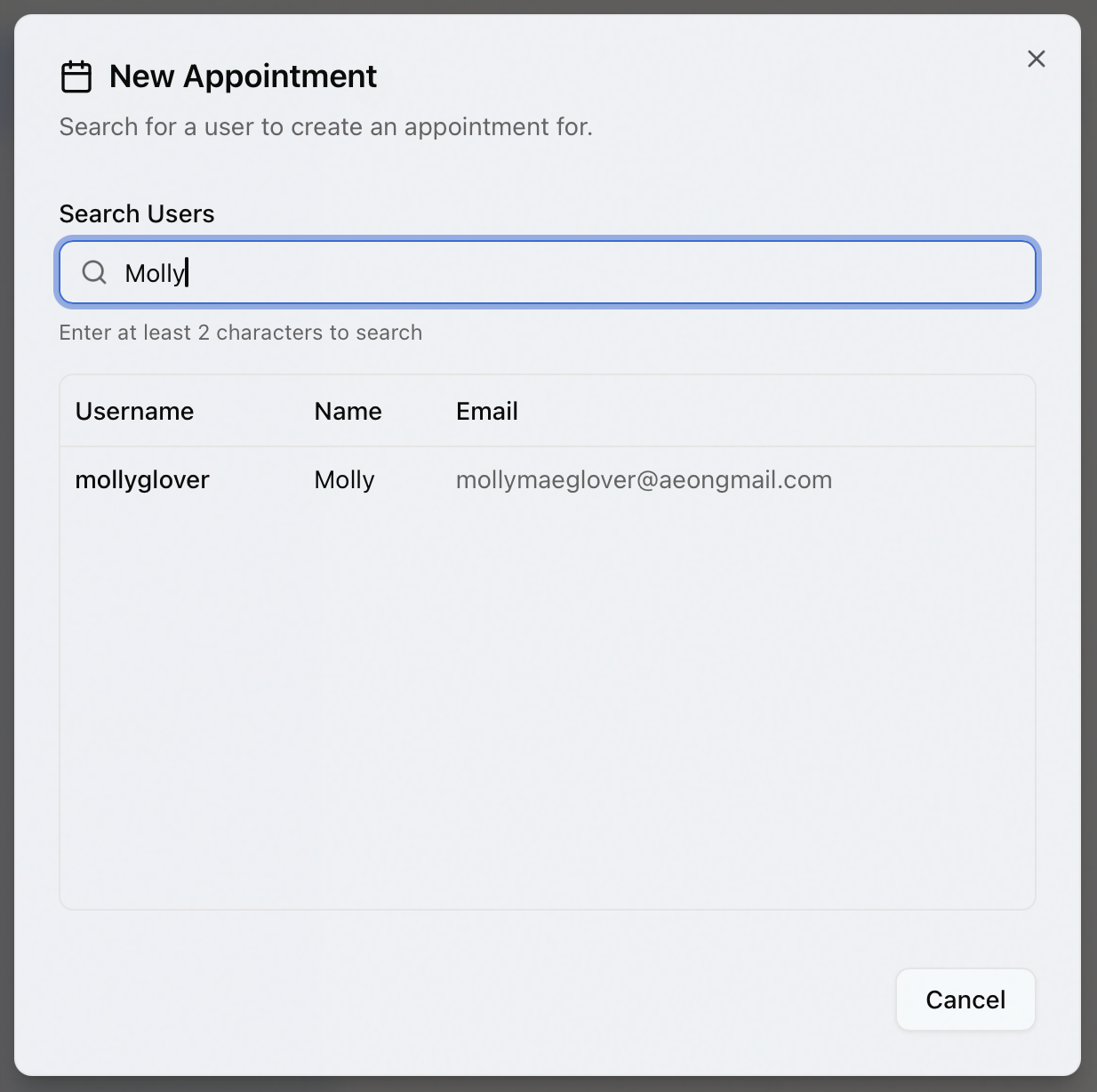 The New Appointment dialog on the Search Users step, with a matching researcher shown in the results list