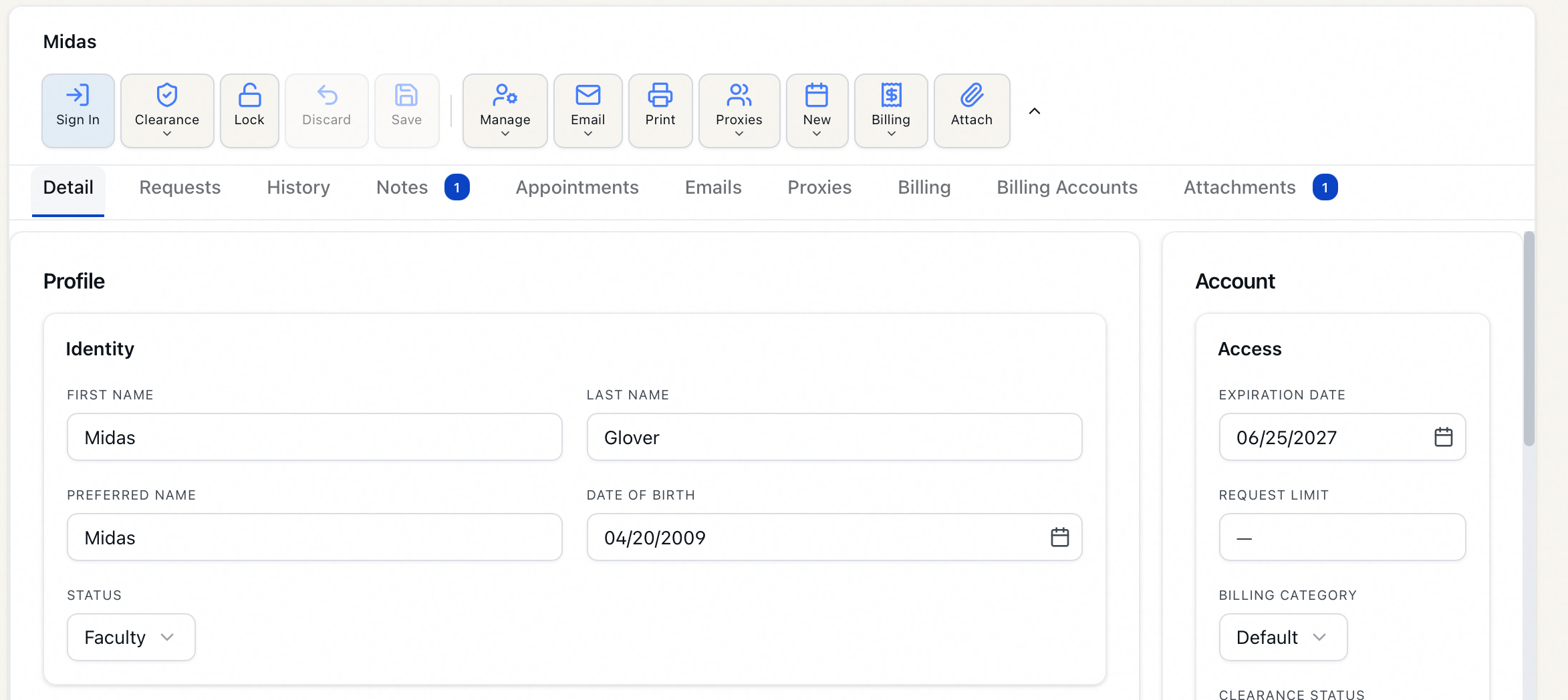 User record toolbar with the Sign In button before the researcher is signed in