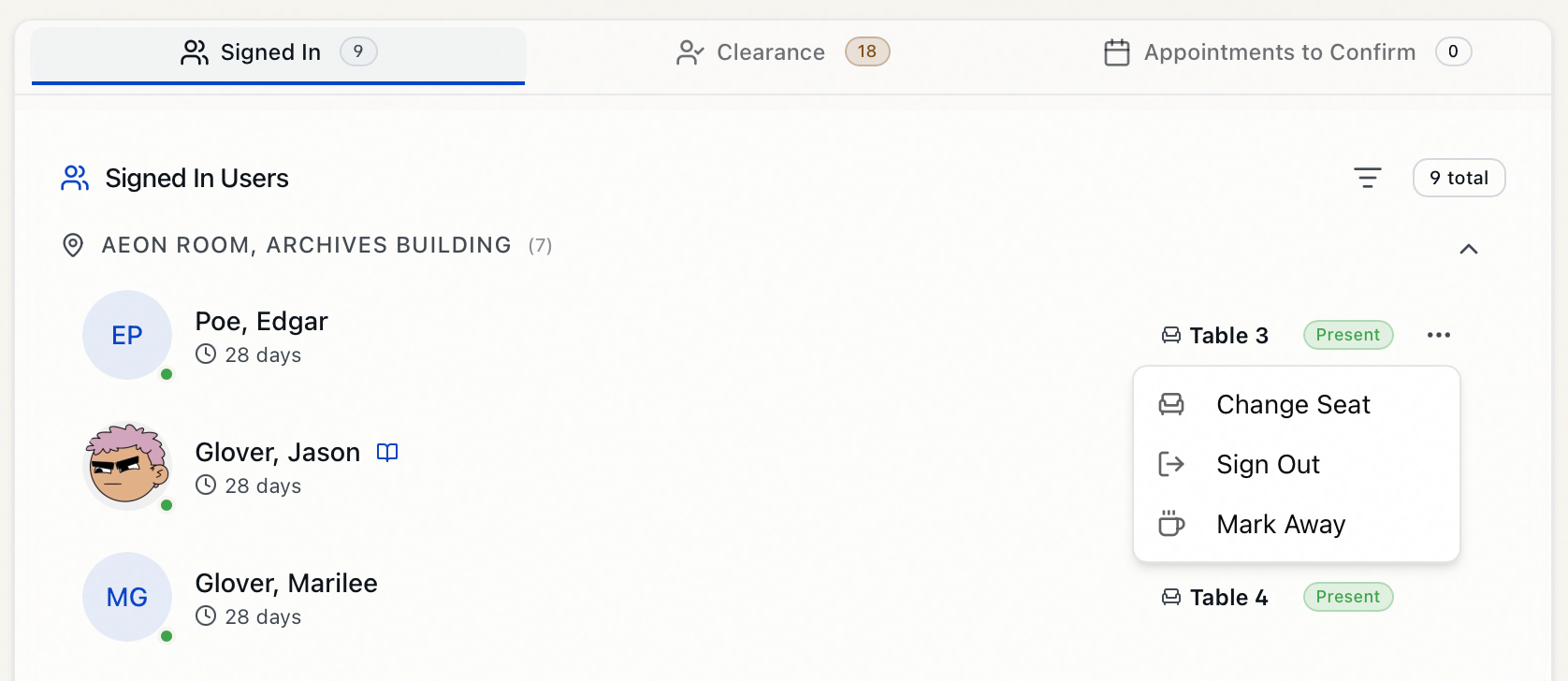 The Signed In Users panel on the Aeon dashboard, grouped by reading room, with a researcher's row actions menu open showing Change Seat, Sign Out, and Mark Away