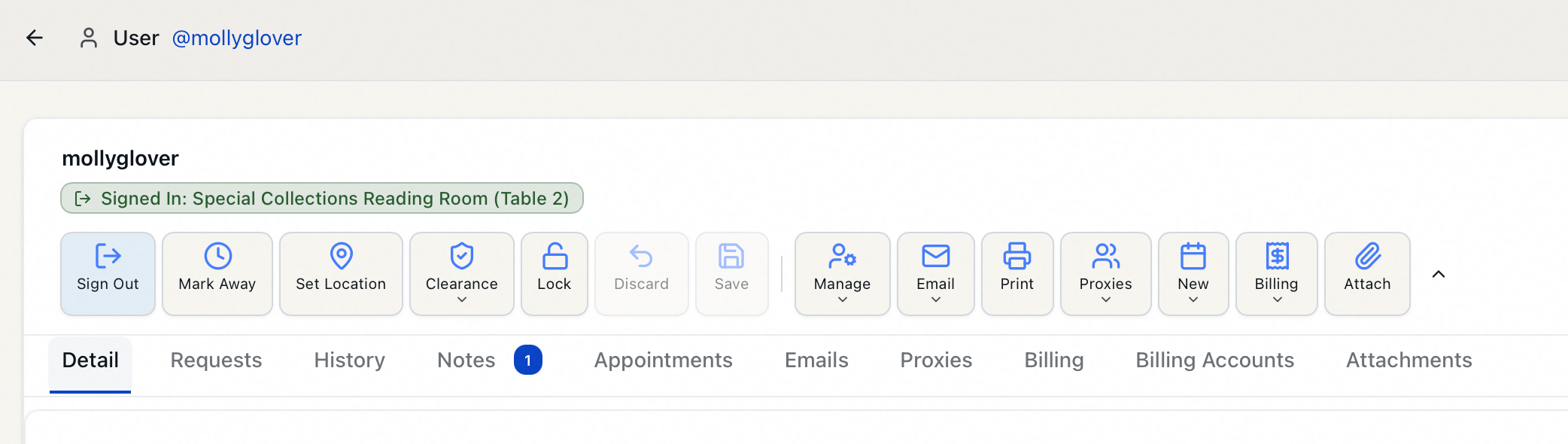 A signed-in researcher's user record toolbar, showing the inline Sign Out button highlighted alongside Mark Away and Set Location, with the reading-room status badge reading Signed In: Special Collections Reading Room, Table 2