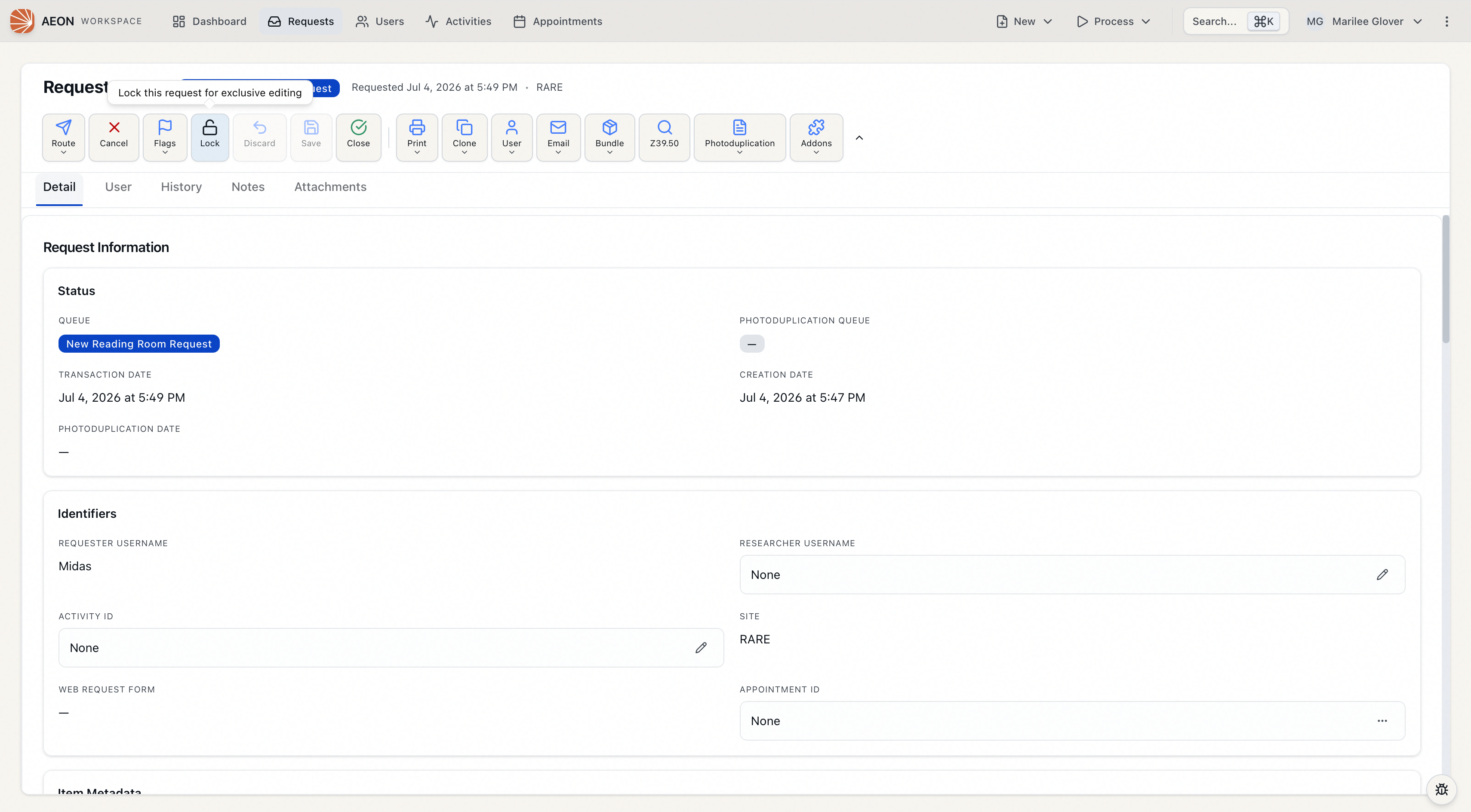 The request toolbar's lock control in its free state, showing the Lock button and the tooltip Lock this request for exclusive editing