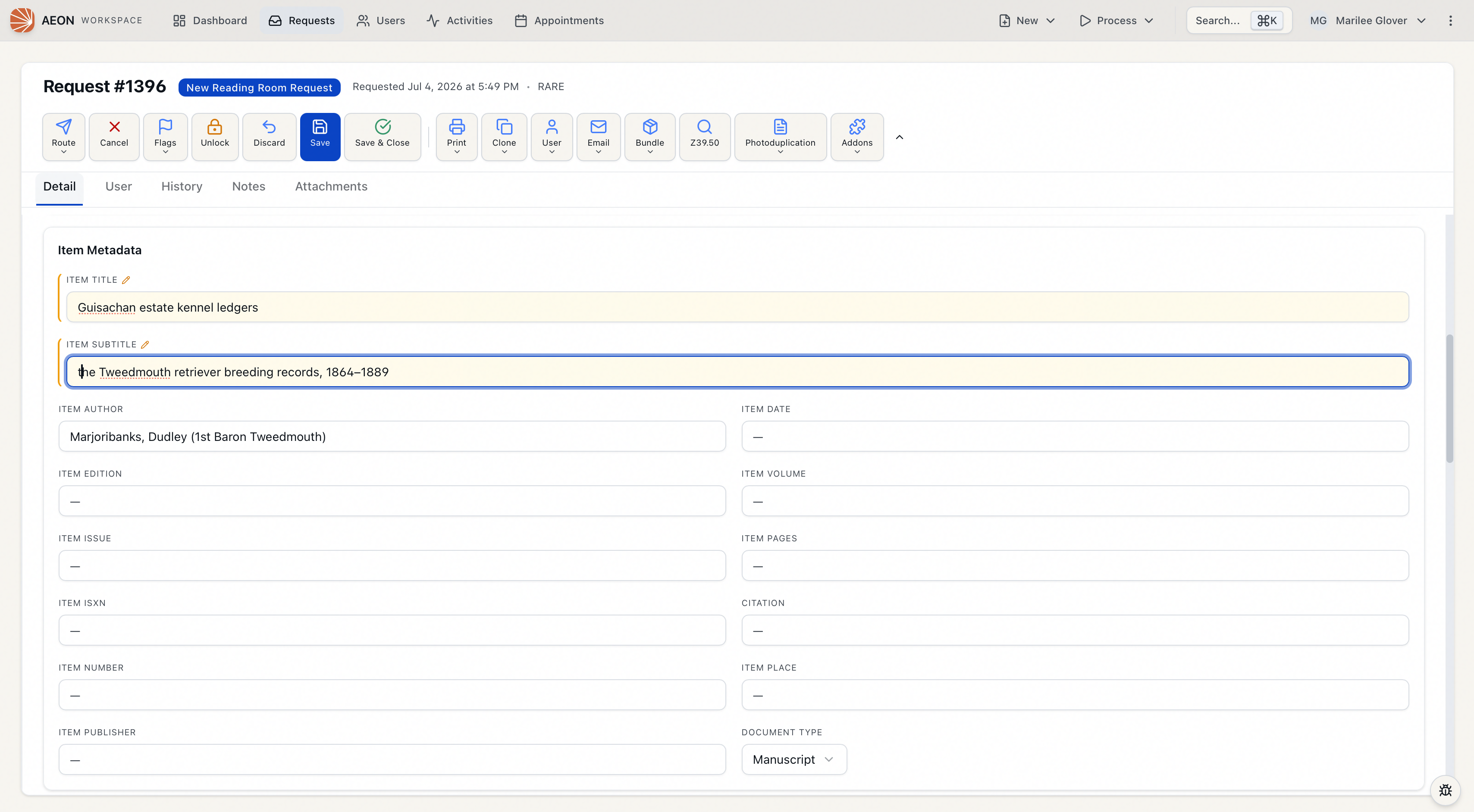 The request Detail tab with edited fields highlighted and the Save and Discard buttons active in the toolbar