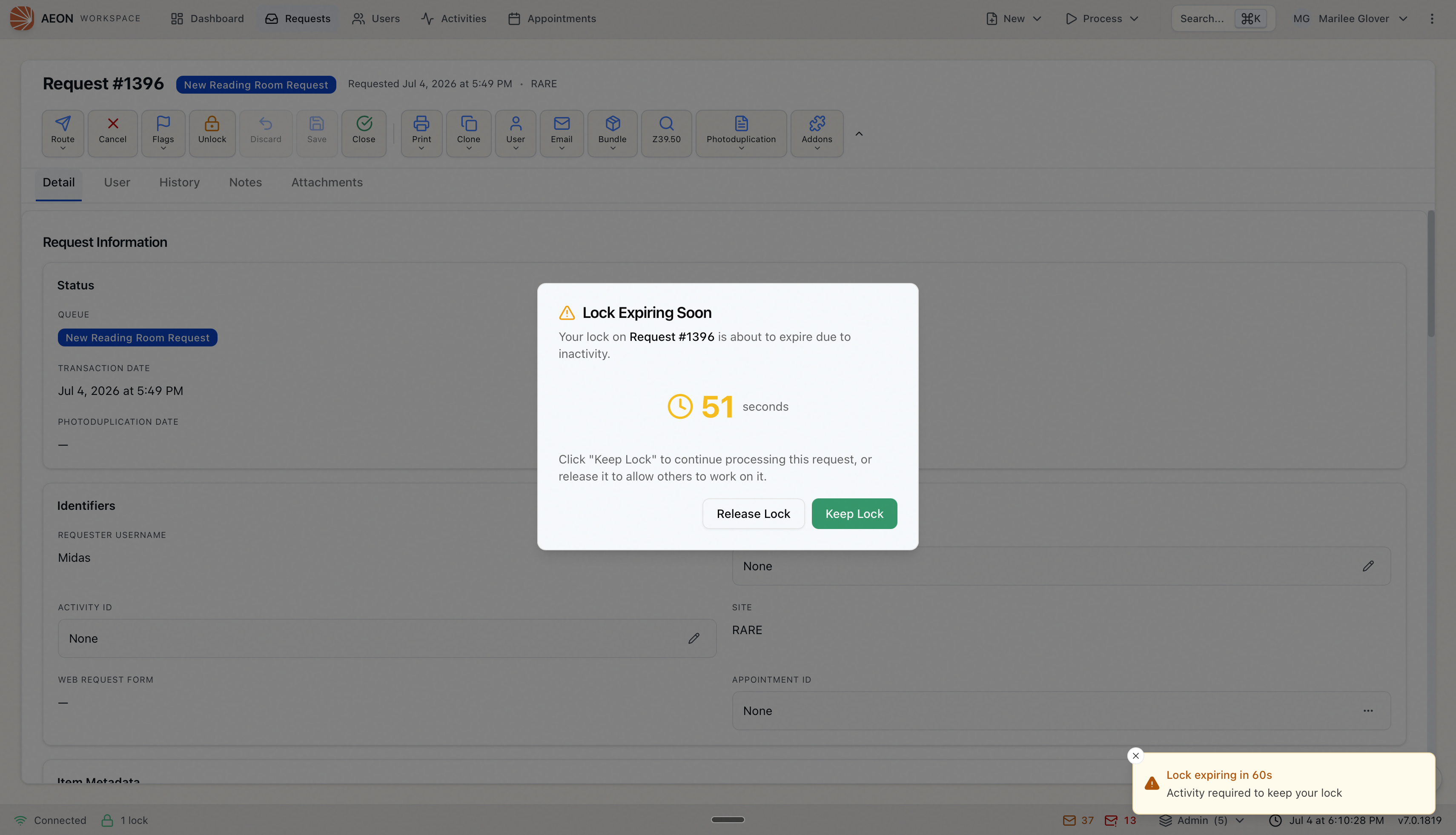 The Lock Expiring Soon dialog with a live countdown and Keep Lock and Release Lock buttons
