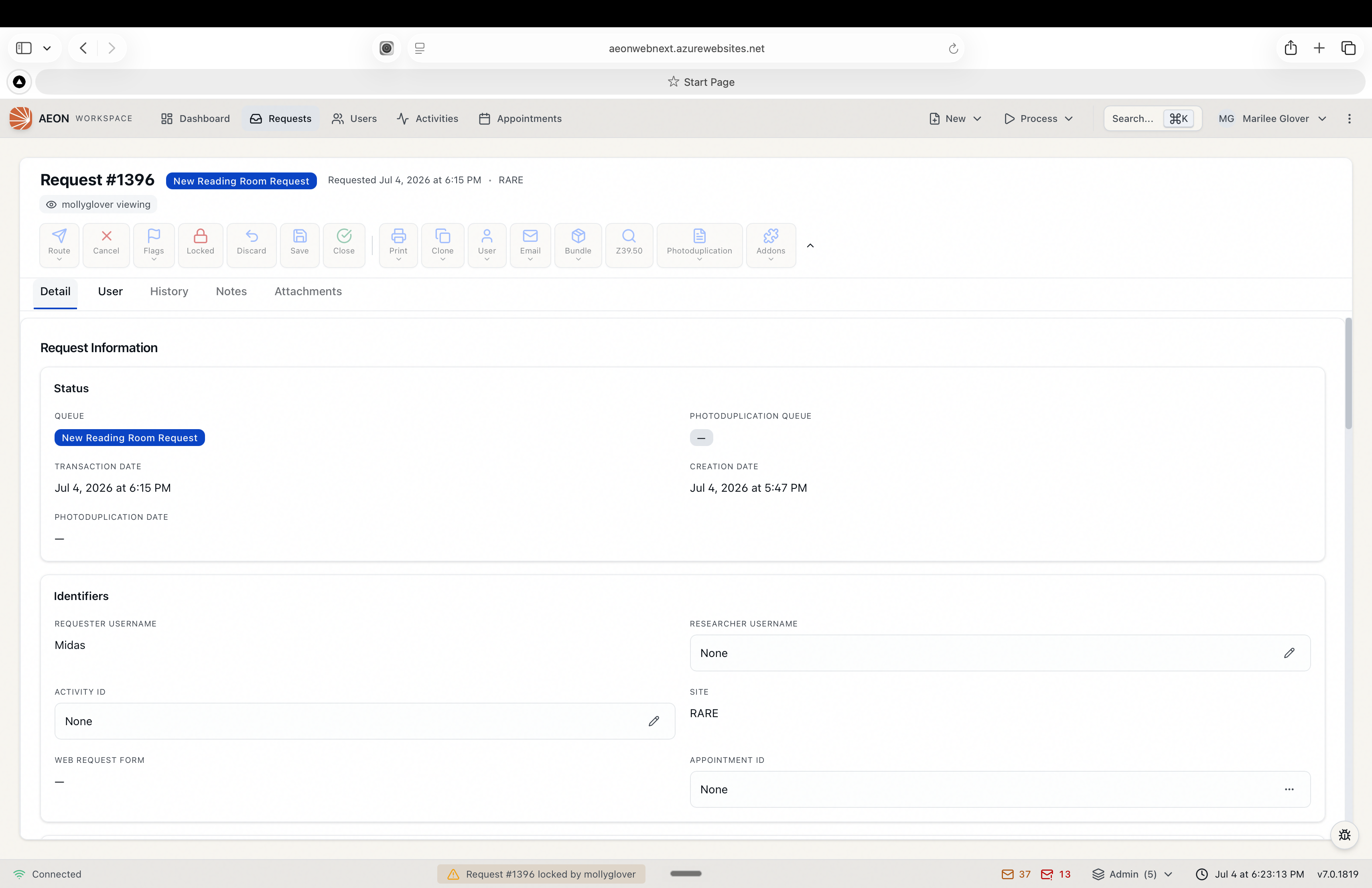 A request being edited by another user: the lock button shows Locked and disabled, a name-viewing badge appears by the title, and the status bar reads Request locked by that user