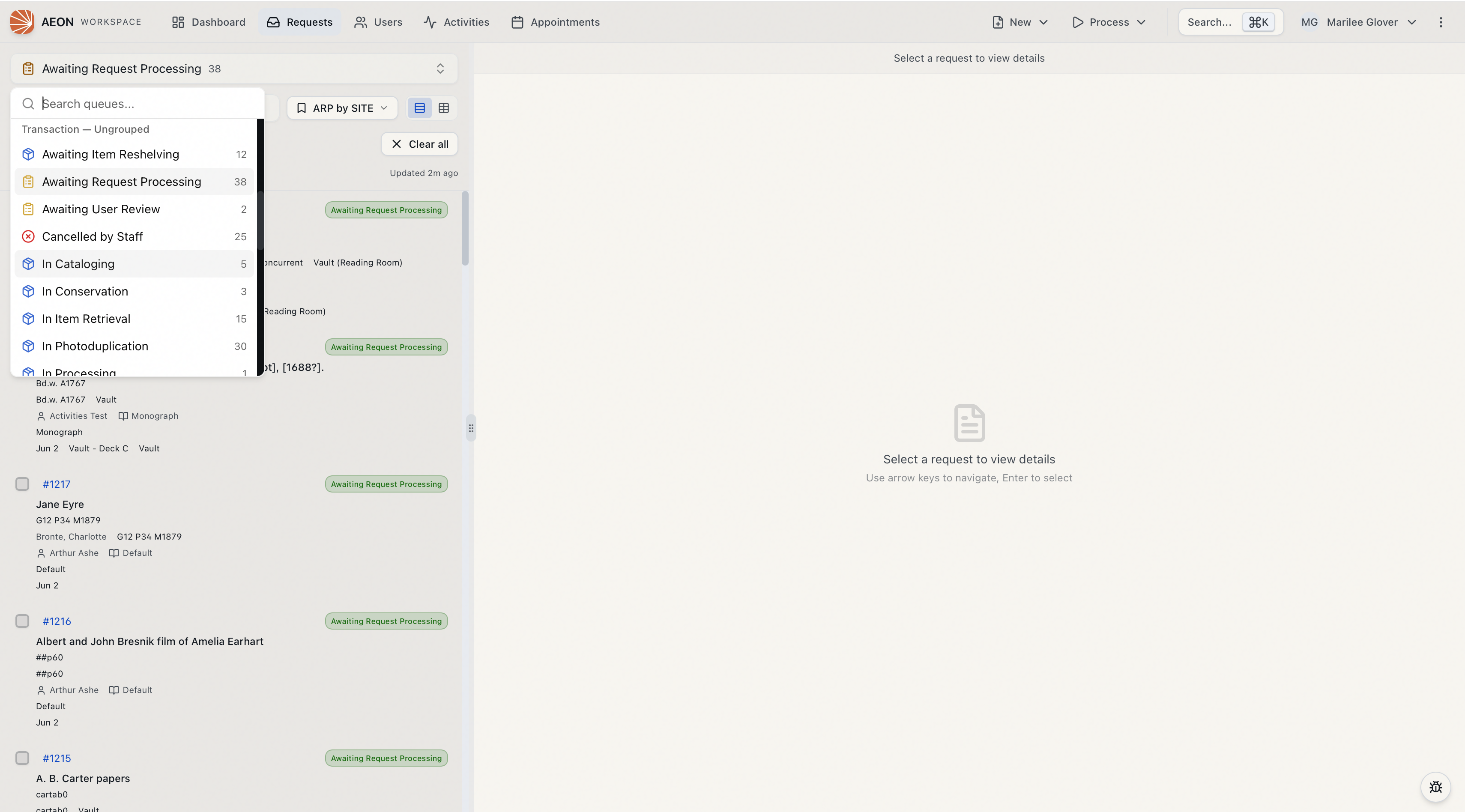 The Requests page with the queue selector open, showing the Search queues box and Transaction queues with their request counts