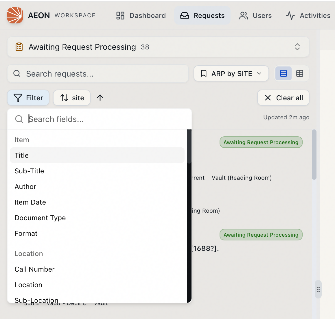 The filter field picker open, showing request fields grouped by Item and Location