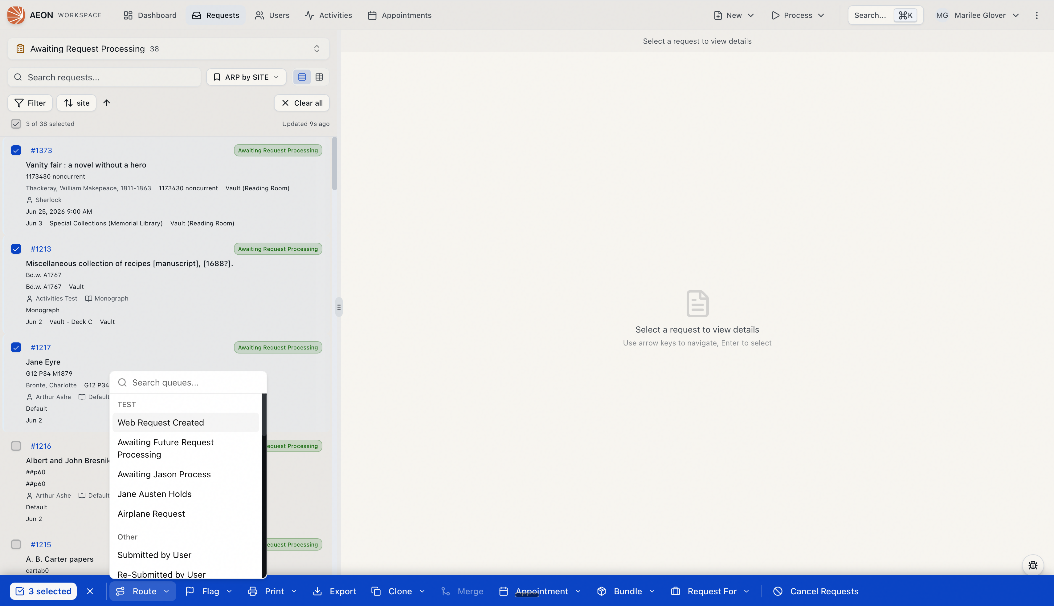 The Route menu open on the bulk-action bar, showing destination queues grouped for selection
