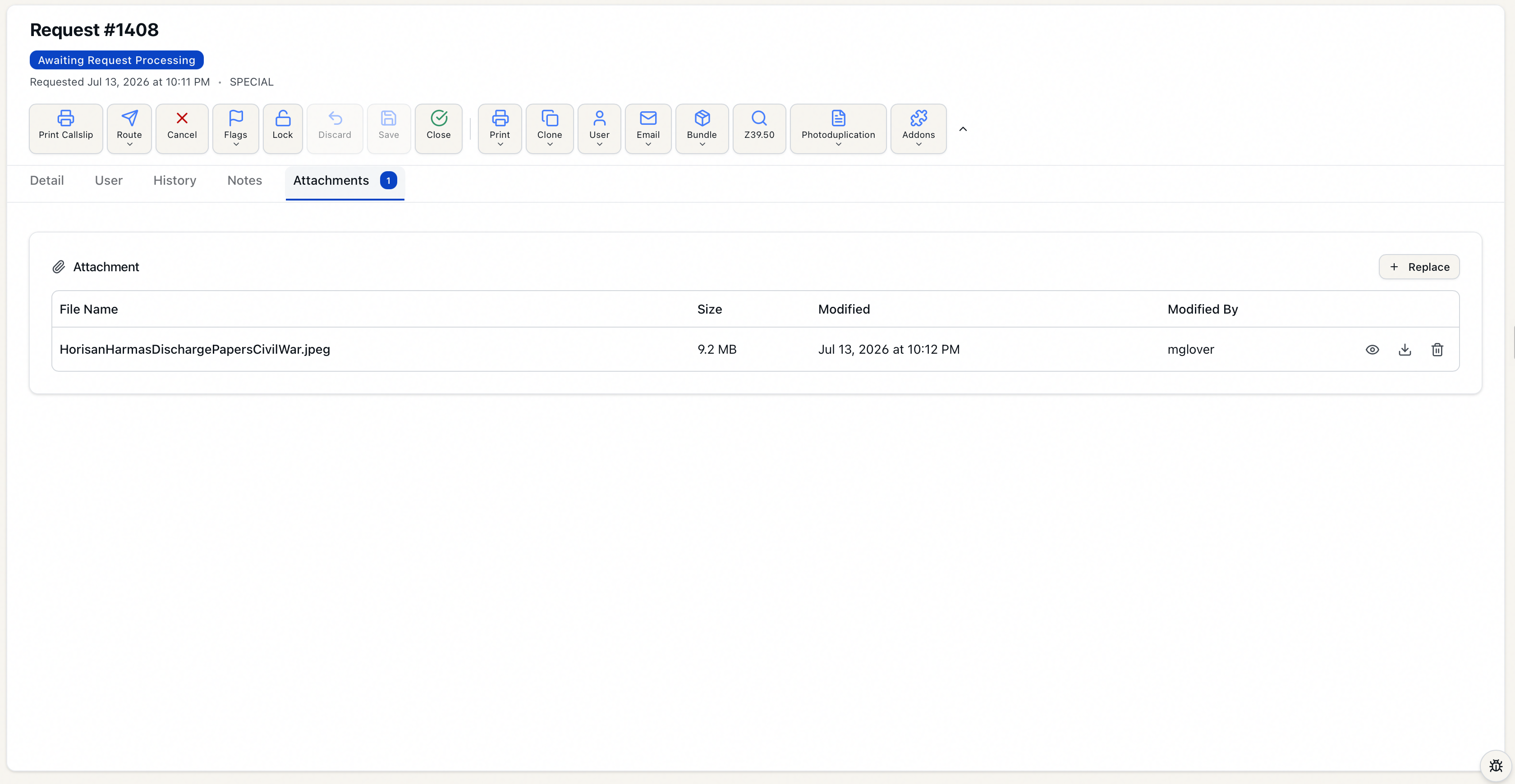 Attachments tab showing a request's single attachment with View, download, and remove icons on the row