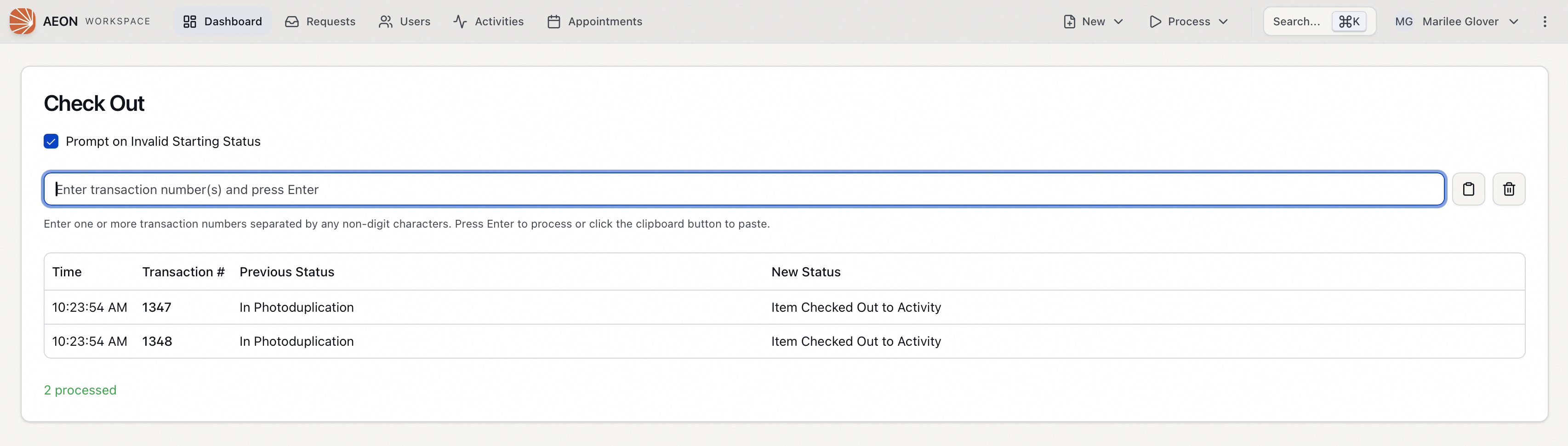 The Check Out batch processing form — the Prompt on Invalid Starting Status checkbox, the transaction-number input, and a results table of processed requests