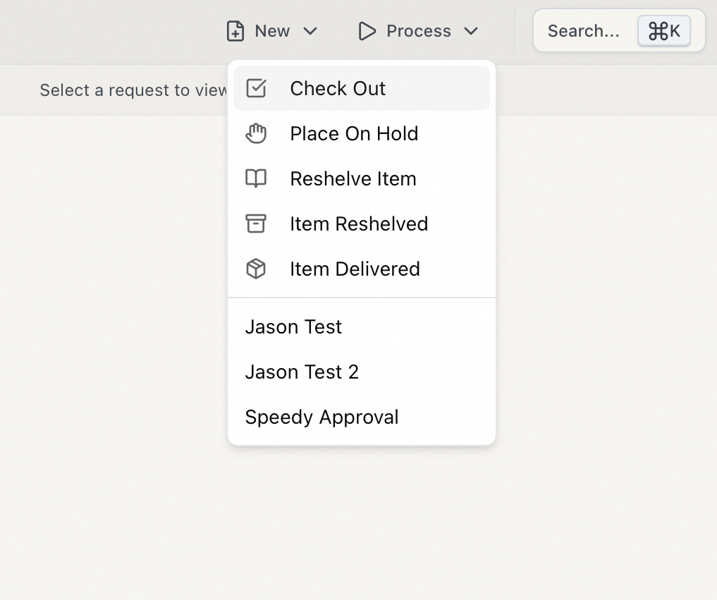 The Process menu open in the top navigation, showing the five built-in batch processes with custom processes listed below them