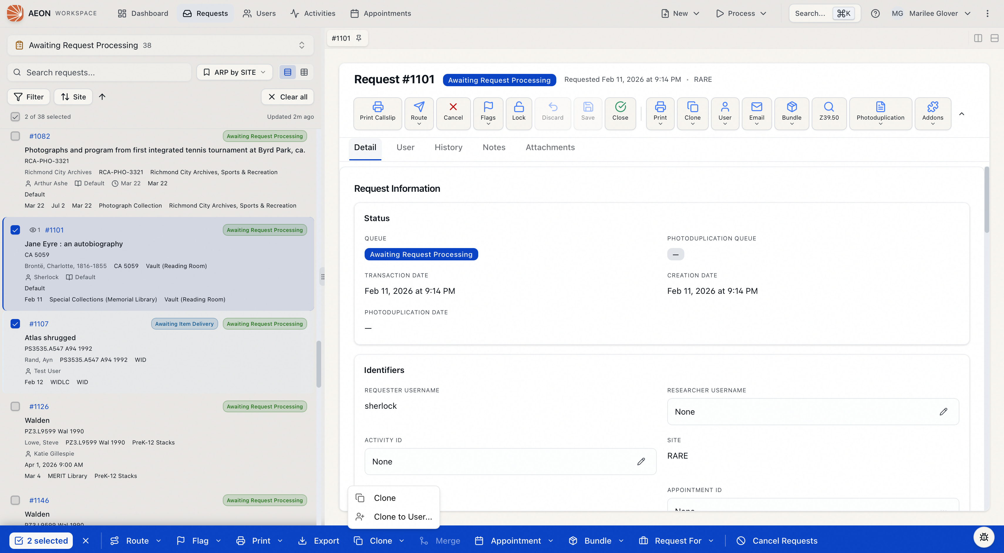 Bulk-action bar Clone menu showing the Clone and Clone to User options
