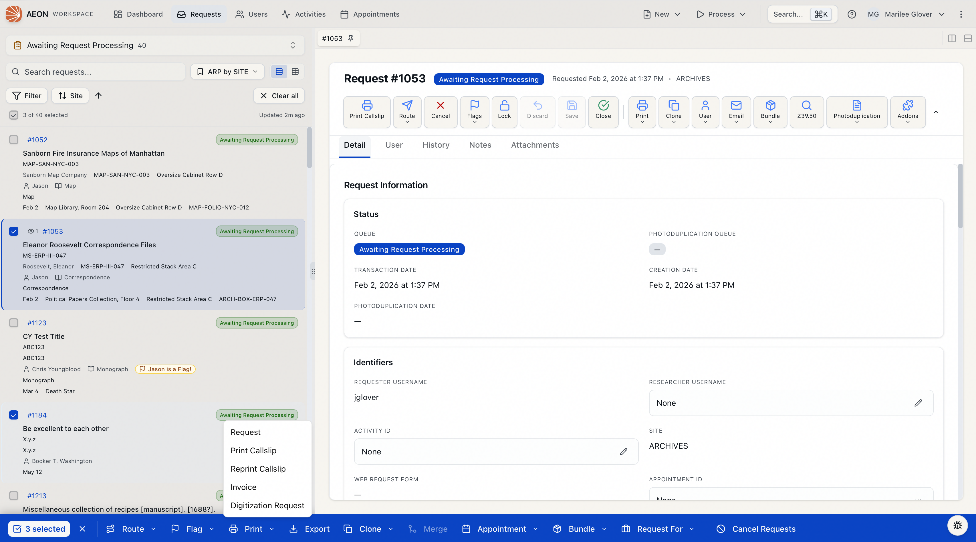 Bulk-action bar Print menu showing Request, Print Callslip, Reprint Callslip, Invoice, and Digitization Request
