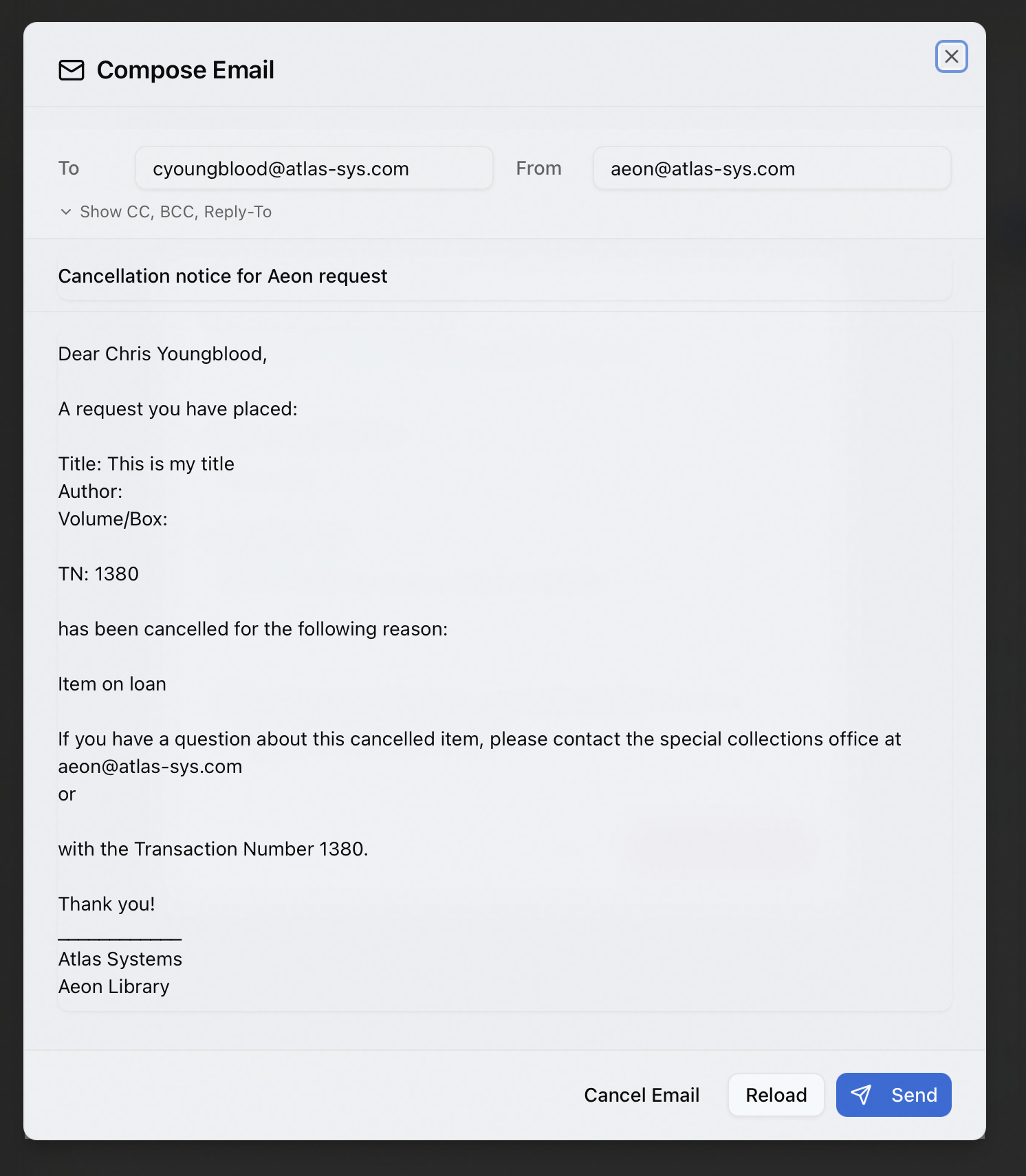 The Compose Email window that opens when Edit email before sending is selected, pre-filled with the cancellation notice