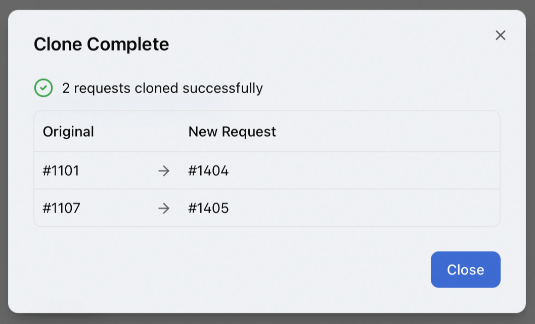 Clone Complete dialog listing each original request mapped to its new request number