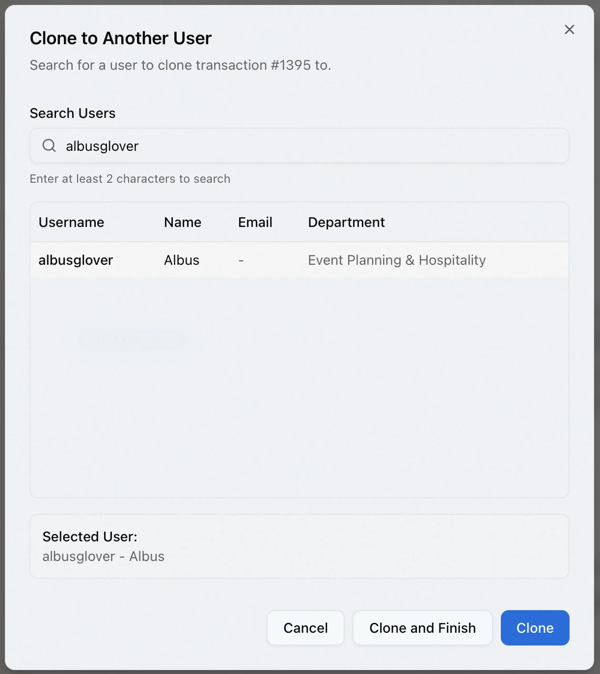 Clone to Another User dialog with a selected user and the Clone and Finish button