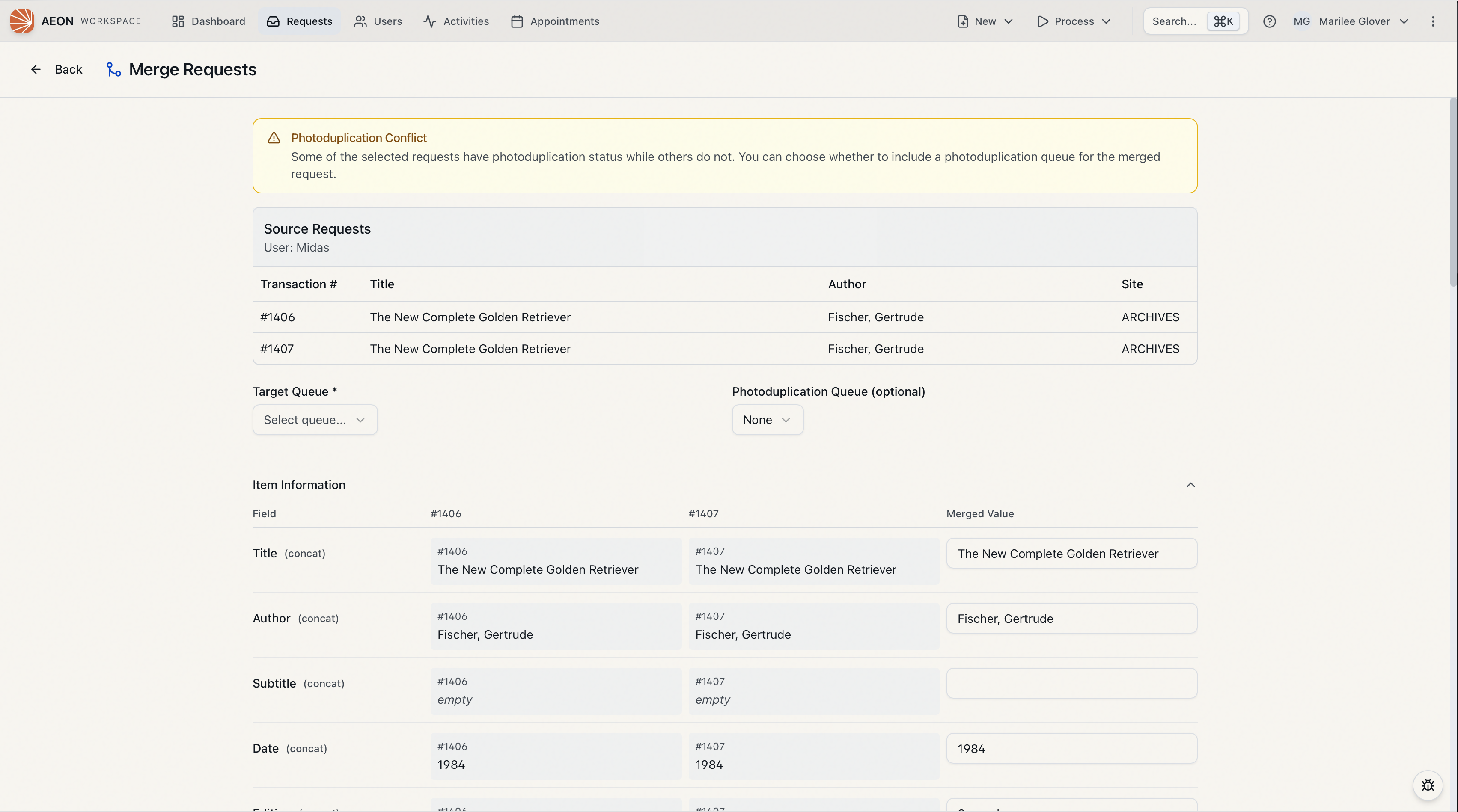 Merge Requests page showing the Photoduplication Conflict warning banner above the source requests