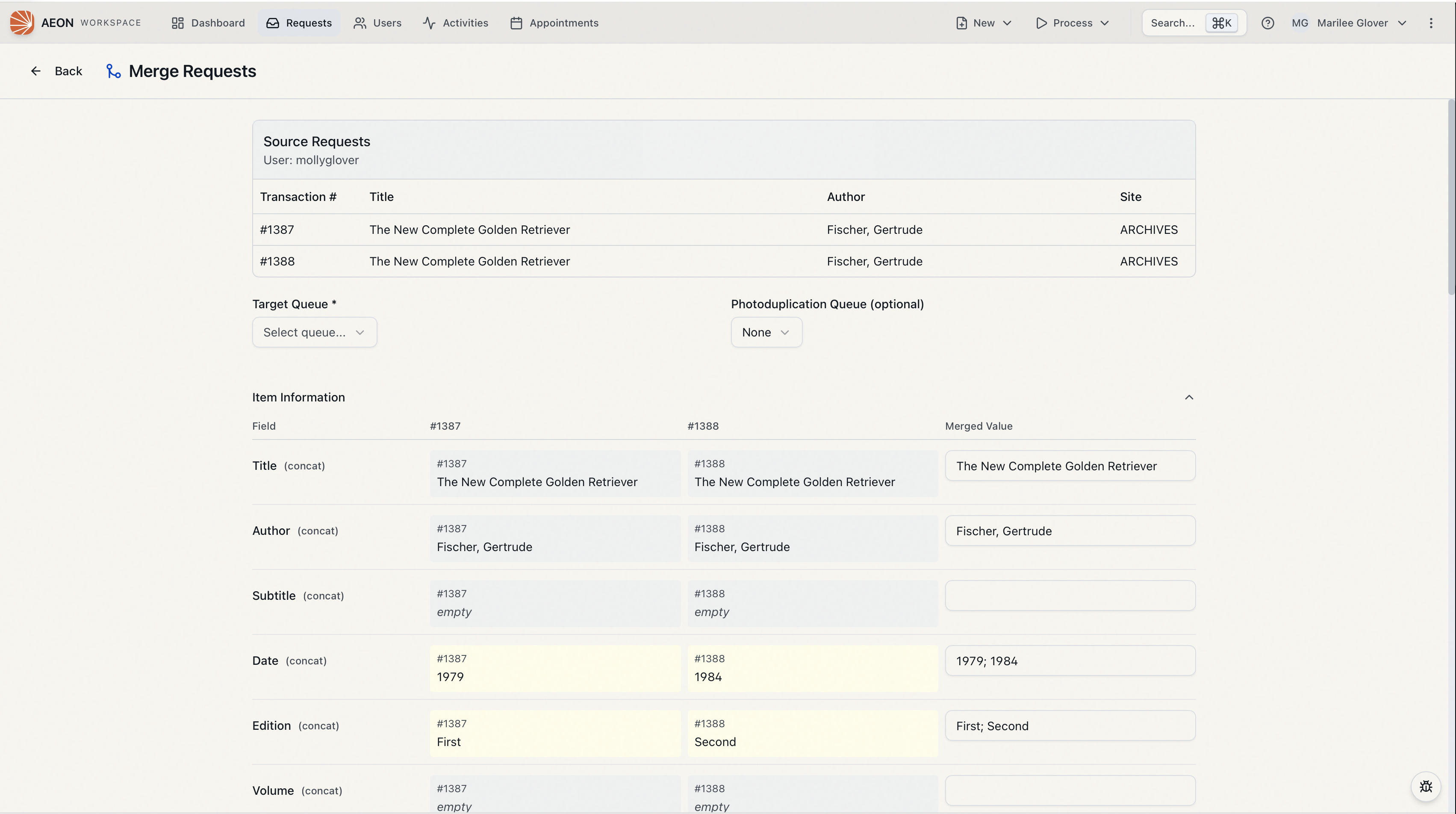 Merge Requests page showing Source Requests, Target Queue, and the side-by-side field grid with differing Date and Edition values highlighted