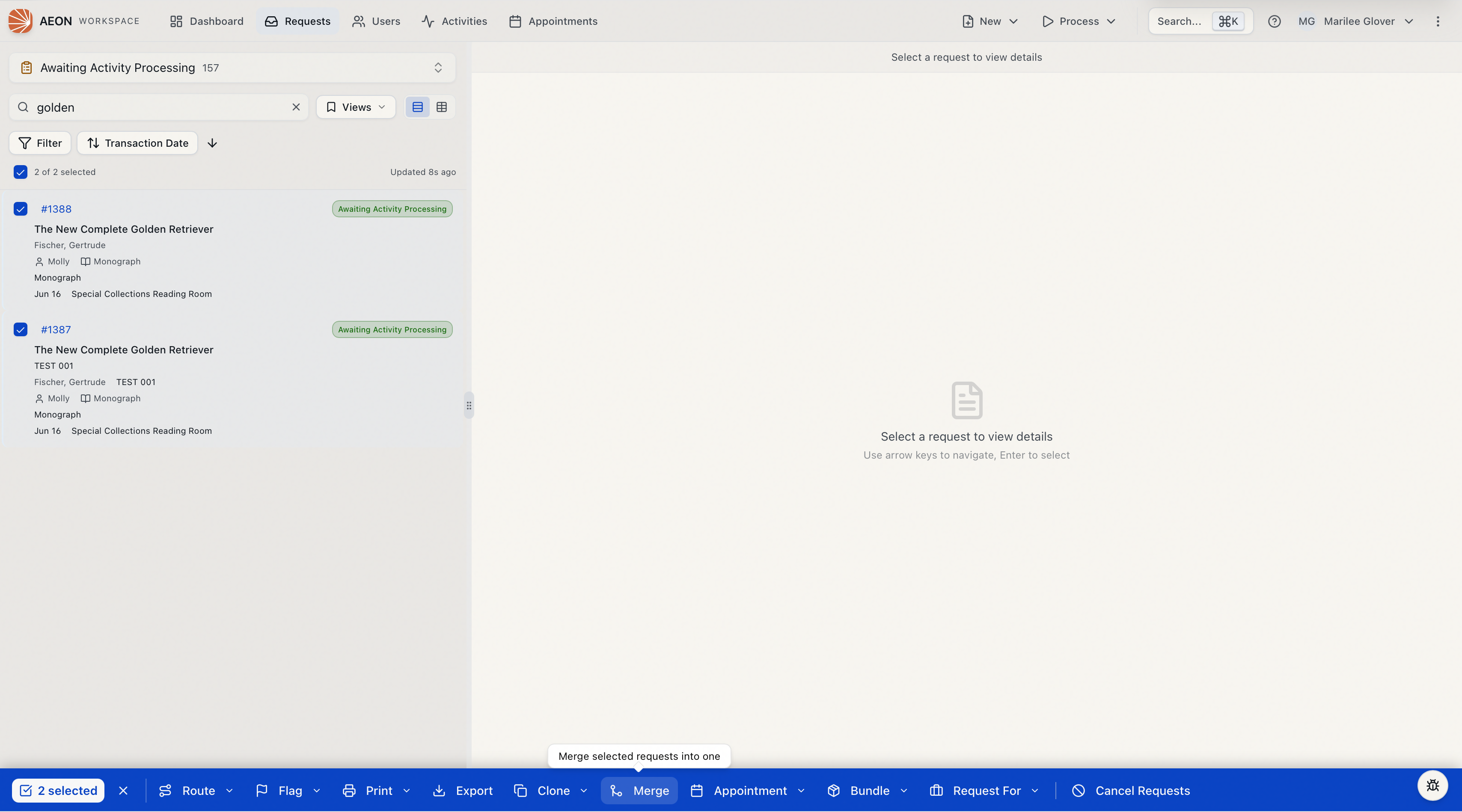 Bulk-action bar with the Merge button active after selecting two requests from the same user