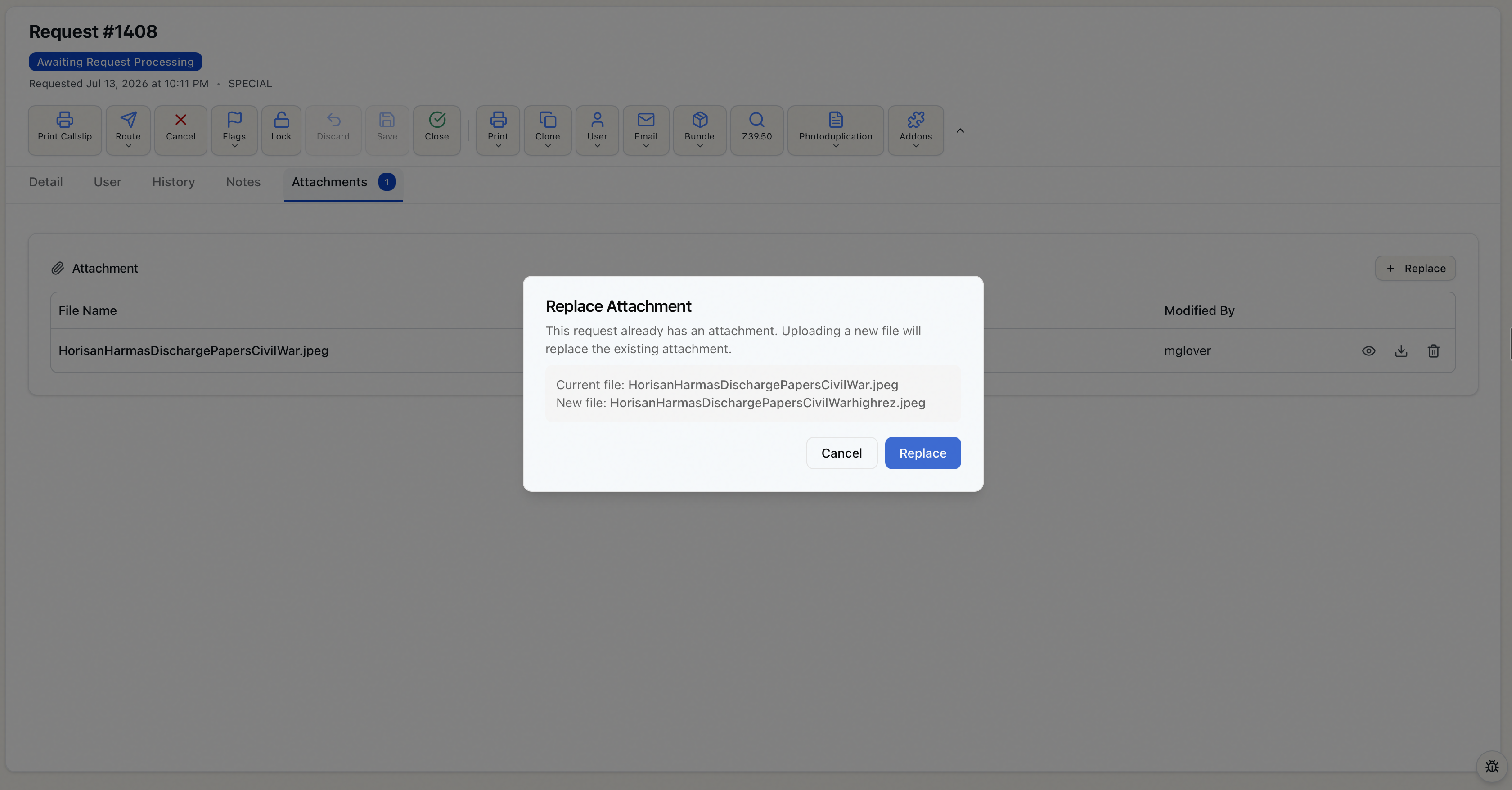 Replace Attachment dialog showing the current file and the new file names