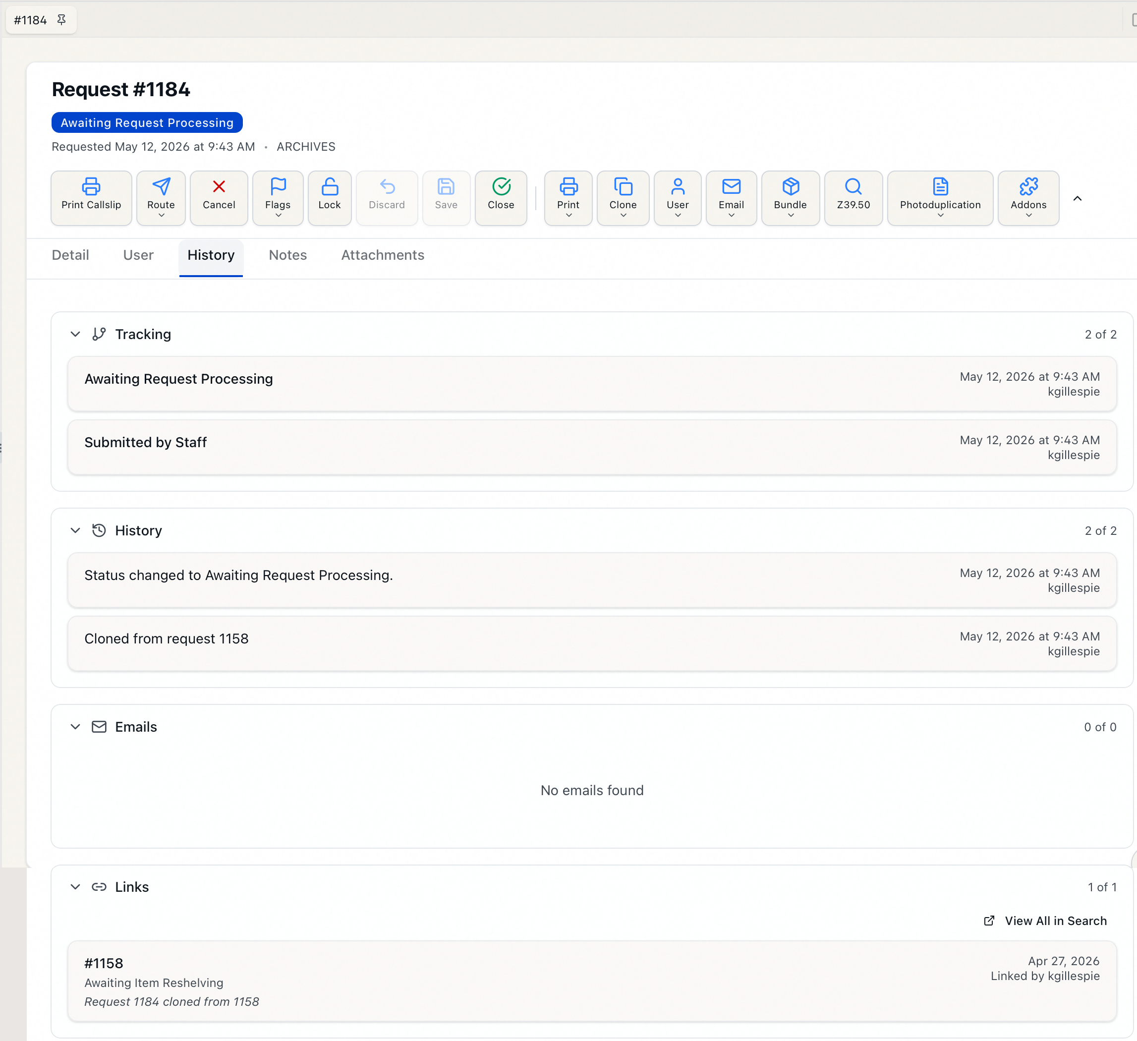 The History tab of a request, showing the Tracking, History, Emails, and Links sections with their entry counts