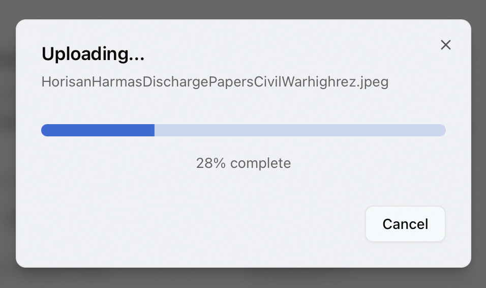 Uploading progress dialog with a progress bar, percent complete, and a Cancel button