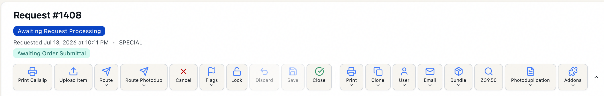 Request toolbar showing the Upload Item button on a photoduplication request